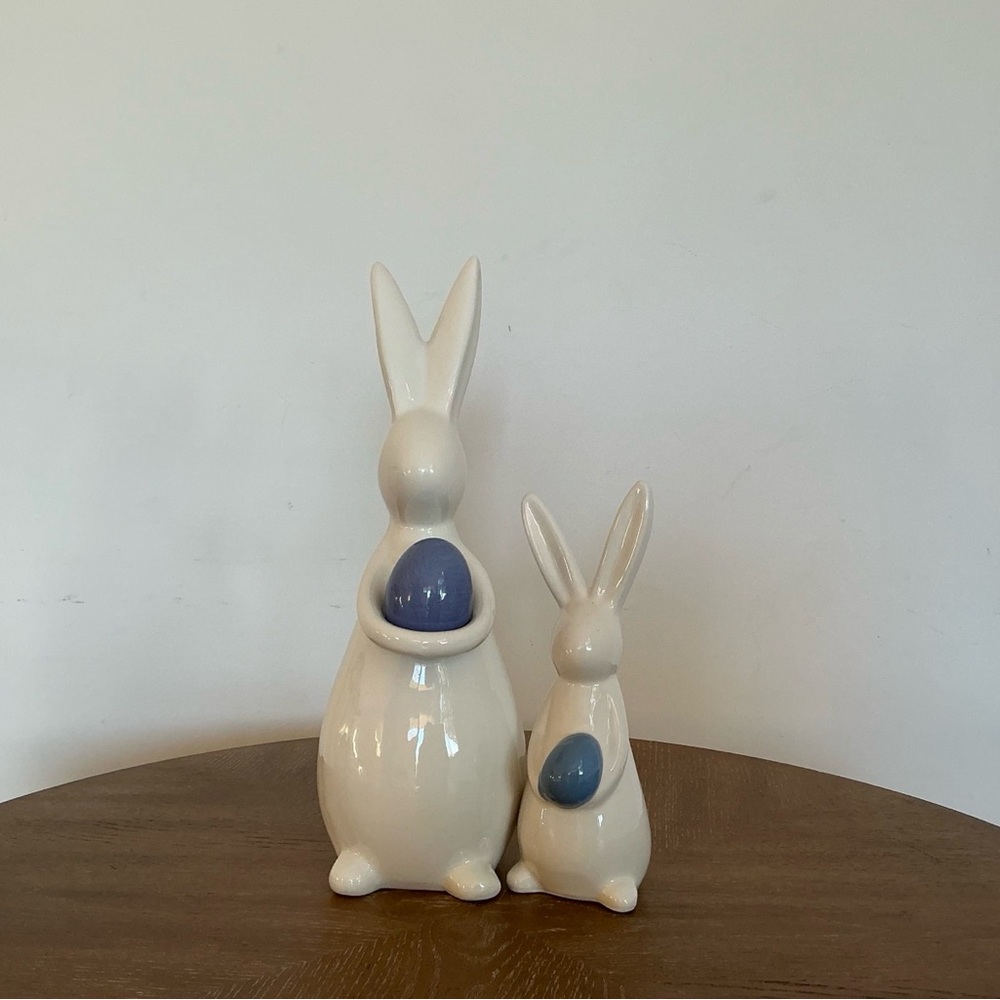 Ceramic Bunny Figurine Set with Blue Eggs | Easter Spring Decor - Picture 2 of 4